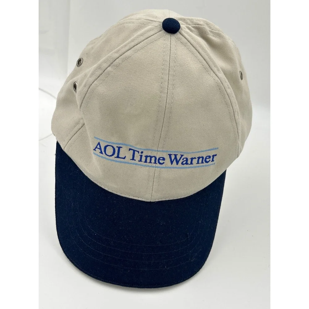 Vintage AOL Time Warner Hat HeadShot KC Caps Two Tone Tan Navy Strapback Cap